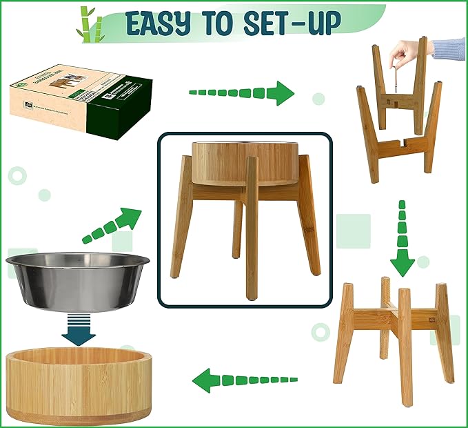 Elevated Dog Bowls for Large Breed - (15-Inch Tall, 74-oz Cap), Deter Ants and Bugs - Raised Single Feeder, Suitable for Dry and Wet Pet Foods - Bamboo with Stainless Steel Dish-PawvioPets