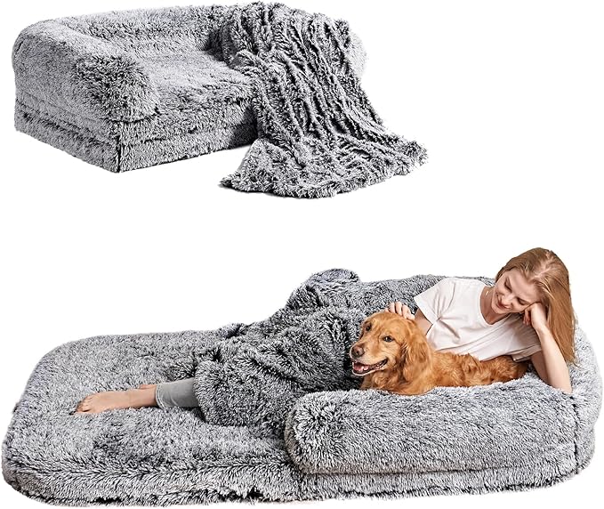 EHEYCIGA Foldable Human Dog Bed, Orthopedic Memory Foam Human Sized Dog Bed, Waterproof Pet Bed for People, Faux Fur Pet Couch for Adult, Faded Black, 72"x44"x11"-PawvioPets