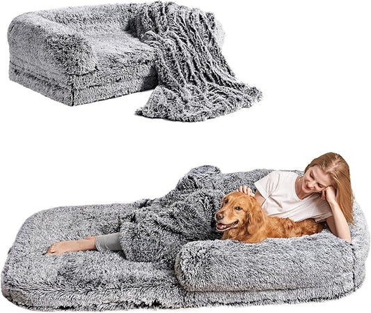 EHEYCIGA Foldable Human Dog Bed, Orthopedic Memory Foam Human Sized Dog Bed, Waterproof Pet Bed for People, Faux Fur Pet Couch for Adult, Faded Black, 72"x44"x11"-PawvioPets