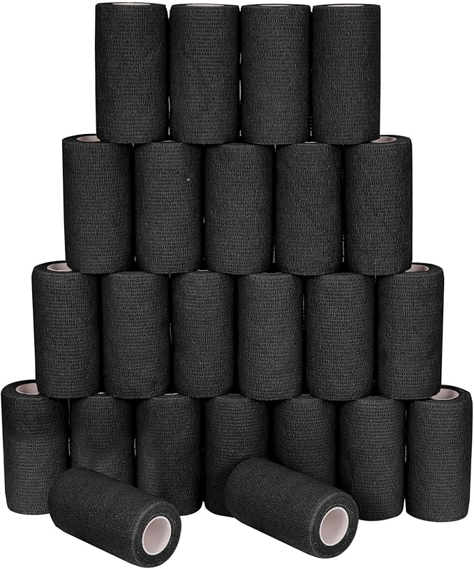24 Pack Self Adhesive Bandage Wrap, 4” x 5 Yards Cohesive Medical Tape Elastic Grip Tape Black Sports Tape Athletic for Ankle, Wrist Sprains, Pet First Aid (Black, 4 Inch)-PawvioPets