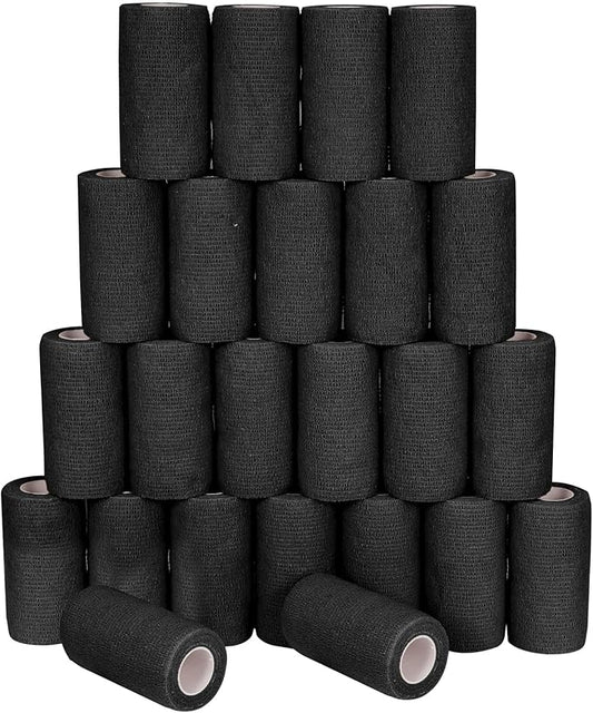 24 Pack Self Adhesive Bandage Wrap, 4” x 5 Yards Cohesive Medical Tape Elastic Grip Tape Black Sports Tape Athletic for Ankle, Wrist Sprains, Pet First Aid (Black, 4 Inch)-PawvioPets