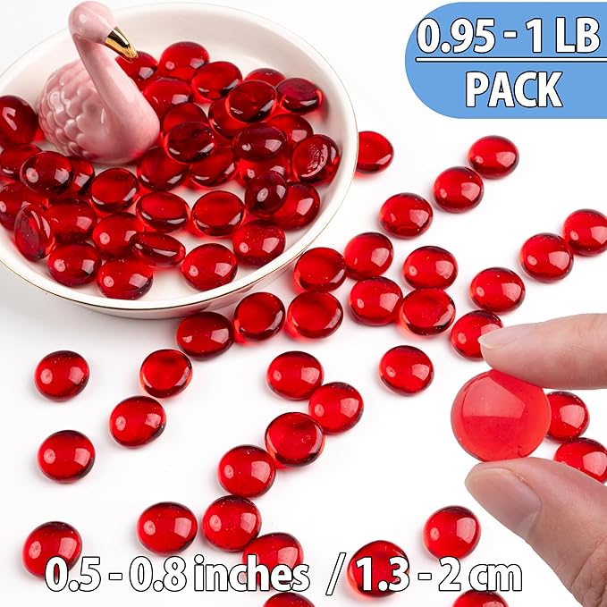 1LB Red Glass Marbles, Transparent and Smooth Flat Glass Beads for Vases, Mosaic Gem Pebbles for Aquarium Decor, Floral Arrangements, Mancala Stones, Vase Filler and Crafts (Approx. 80-100 PCS)-PawvioPets