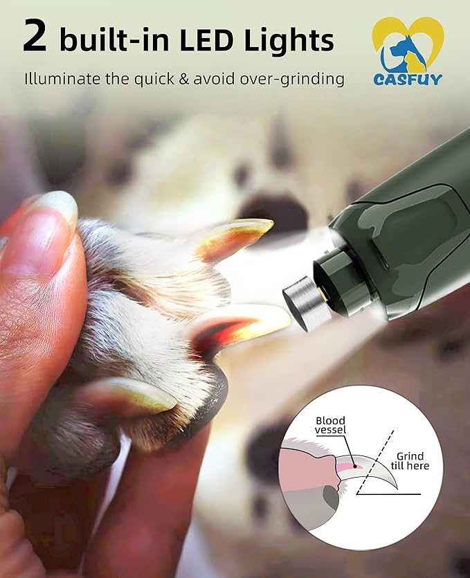 Casfuy Dog Nail Grinder Quiet - (45db) 6-Speed Pet Nail Grinder with 2 LED Lights for Large Medium Small Puppy Dogs/Cats, Professional 3 Ports Rechargeable Electric Dog Nail Trimmer with Dust Cap-PawvioPets