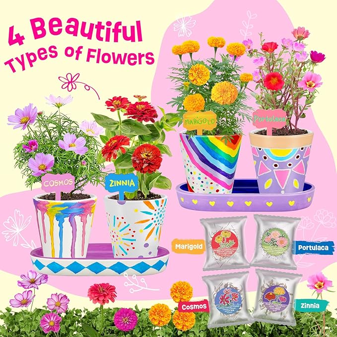4 Set Paint & Plant Flower Gardening Kit - Gifts for Girls Ages 8-12, Arts and Crafts for Kids Ages 8-12, Kids Gardening Set, Birthday Toys Gifts for Girls Boys Ages 6 7 8 9 10 11 12-PawvioPets