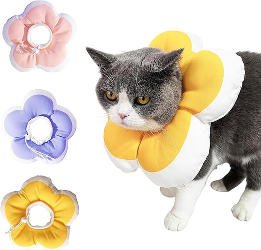 Cat Cone Collar Soft, Adjustable Kitten Cone After Surgery, Waterproof Recovery E Collar for Pet to Stop Licking(Yellow Flower, Medium)-PawvioPets