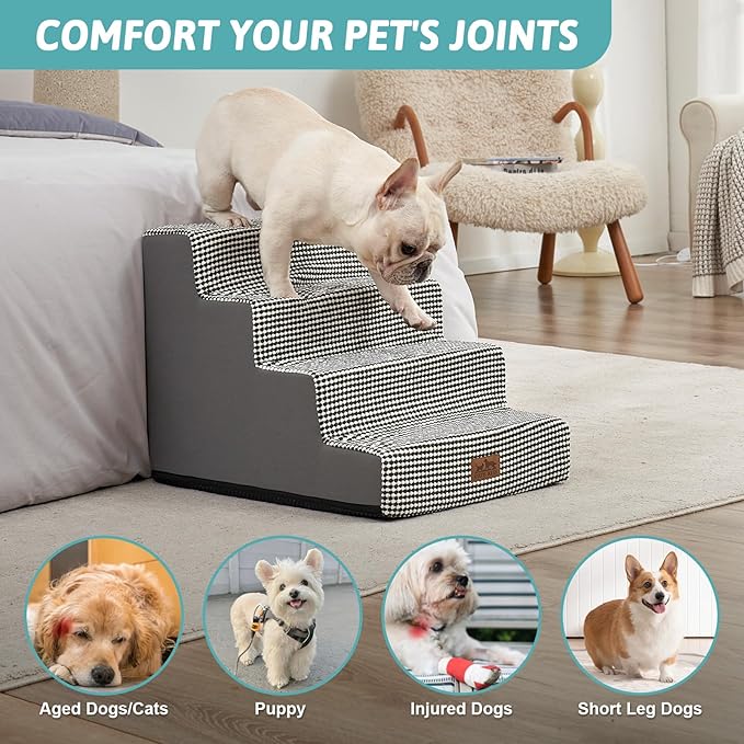 Dog Stairs for Small Dogs, 4 Tier Wider Pet Stairs for Couch and Beds, 17.7" H Non-Slip Dog Steps for Old Cats, Puppy, Small Medium Dogs, 17.7x23.6x17.7 inch, White Black-PawvioPets