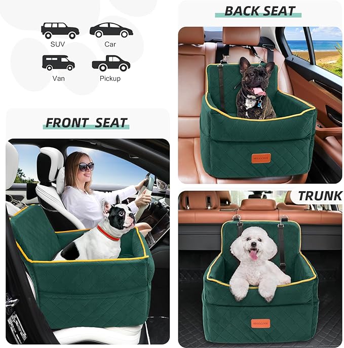 Dog Car Seat for Small Medium Dogs, Memory Foam Puppy Dog Booster Seat with Thick Cushion for Dogs Under 35lbs, Detachable Washable Pet Car Seat Travel Bed with Storage Pockets,2 Safety Belts-PawvioPets