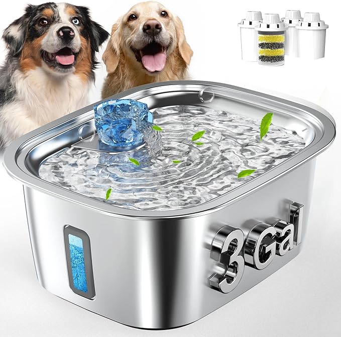 Dog Water Fountain for Large Dogs - 3 Gallon Stainless Steel Dog Water Bowl Dispenser with 4 Filters, Automatic Big Extra Large Capacity Pet Water Fountain, Easy Clean with Quiet Pump-PawvioPets