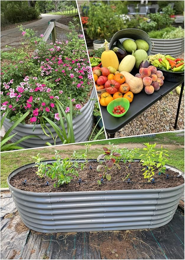 A ANLEOLIFE 8x4x2ft Galvanized Raised Garden Bed Kit, Oval Metal Deep Root Planters for Outdoor Plants Vegetables Flowers Herb, Large Bottomless, 478 Gallon Capacity- Quartz Grey-PawvioPets