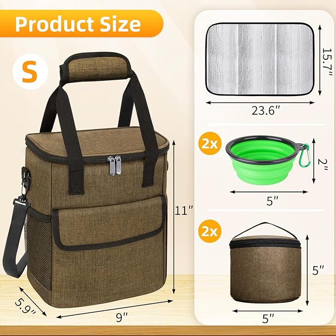 Dog Travel Bag for Camping - Pet Travel Accessories with 2 Collapsible Bowls, 2 Food Containers & Waterproof Feeding Mat - Portable Dog Carrier, Coffee (Small)-PawvioPets