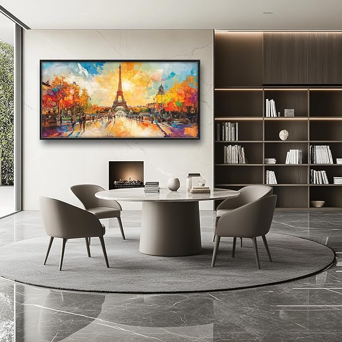 Framed Large Eiffel Tower Wall Art for Living Room, Oversized Paris City Street Landscape Wall Decor, Colorful Sunrise Canvas Painting Modern Artwork for Living Room Bedroom Office 60"x30"-PawvioPets