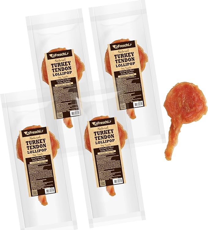 Afreschi Natural Turkey Tendon Lollipop Pack of 4, Dog Treat for Signature Series, All Natural Human Grade Puppy Chew, USA-Sourced Turkey Tendon, Rawhide Alternative-PawvioPets