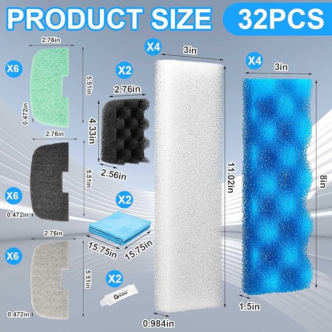 32 Pcs Aquarium Replacement Maintenance Kit Compatible with Fluval 206/207 Filter Media Including Biological Sponge, Ammonia/Phosphate/Nitrite Remover Pad, Aquarium Towel, Grease-PawvioPets