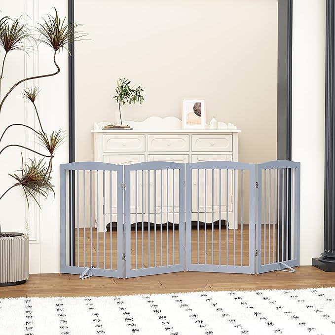 Freestanding Wooden Pet Gate - Foldable Indoor Dog Gate, 80 Inch Wide, 4 Panels, Grey-PawvioPets