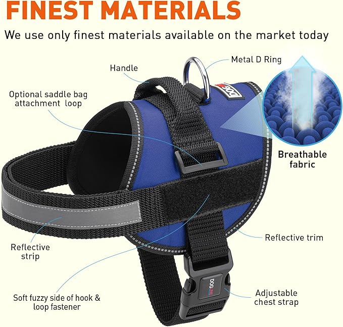 Dogline Dog Harness, Reflective No-Pull Adjustable Vest with Handle for Walking, Training, Breathable, No - Choke Harness for Small, Medium or Large Dogs Room for Patches Girth 15 to 18 in Cyan Blue-PawvioPets