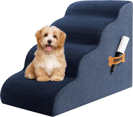 Dog Stairs, Romrol Dog Steps Ramp for High Bed and Couch, Dogs Ramp with Durable Non-Slip Waterproof Fabric Cover, Pet Stairs for Small Dogs and Cats or Pets Joints, 4-TiersNavy-PawvioPets