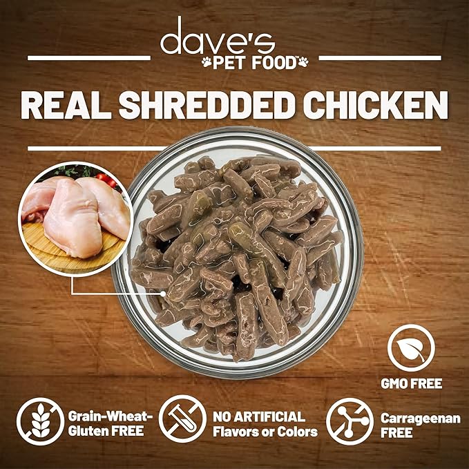 Dave's Pet Food Grain Free Wet Cat Food (Shredded Chicken in Gravy), Made in Canada Naturally Healthy Canned Cat Food, 13.2 oz (12 Pack)-PawvioPets
