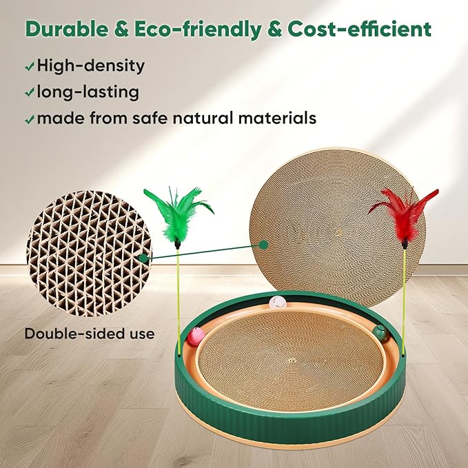 20-Inch Round Cat Scratcher with Ball Track – 3-in-1 Cardboard Scratching Pad with Feather Toy & Non-Slip Base – Interactive Cat Toy for Indoor Cats, Kittens & Large Cats (Green)-PawvioPets