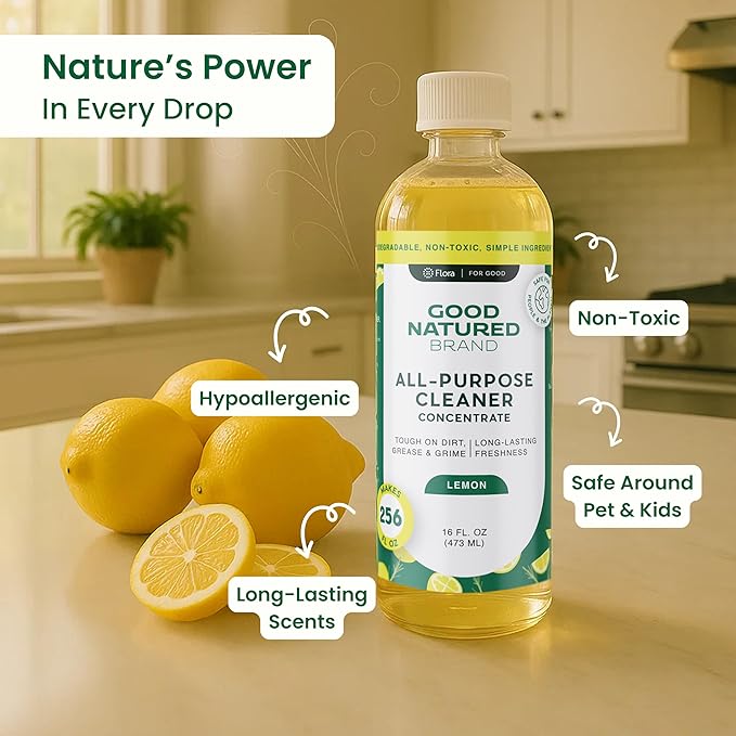 Good Natured Brand All-Purpose Cleaner Concentrate | Multi-Surface Cleaner | Natural Lemon Essential Oil | Multipurpose Cleaner Concentrate All Surfaces | Lemon Love | 16oz makes 256oz-PawvioPets