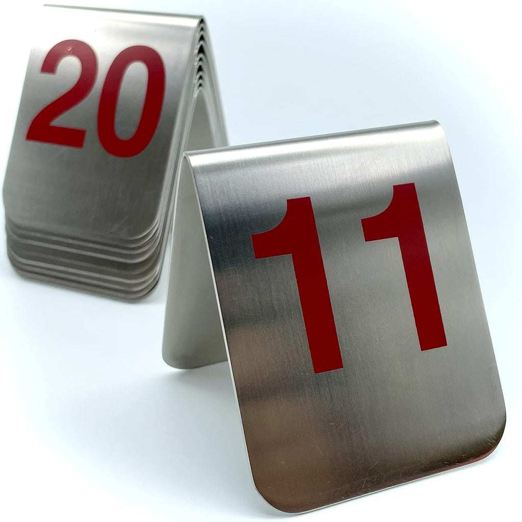 10 Pcs Metal Place Cards Stackable Tent Style Table Numbers，Place Card Holders for Celebration Wedding Party Restaurants Cafes Bars Gatherings meeting Room Board Game Serial (Medium 11-20, Red)