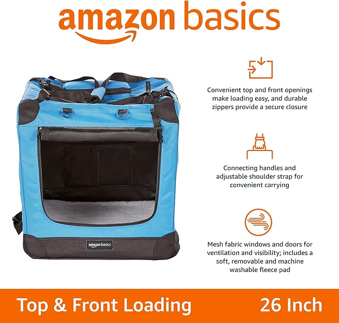 Amazon Basics Folding Portable Soft Pet Dog Crate Carrier Kennel, 26 x 18 x 18 inches, Blue-PawvioPets