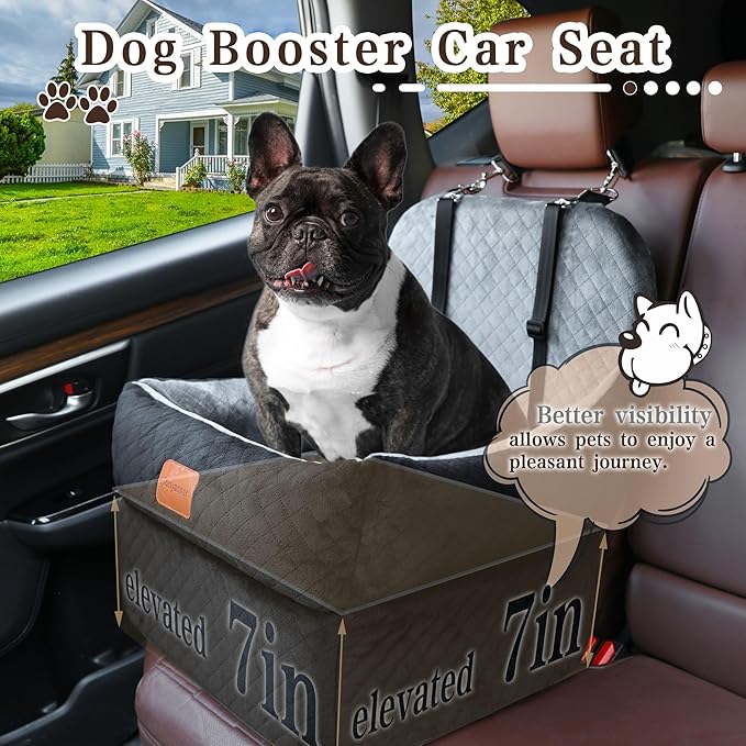 Dog Booster Car Seat for Small/Medium Dogs up to 35 lbs,Interior 7 Inches Elevated Pet Booster Seat,Ultra Soft Fabric and Memory Foam Car Dog Bed,Safety,Comfy,Fully Detachable Washable(H-Black/Grey)-PawvioPets