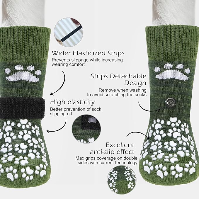 EXPAWLORER Anti Slip Dog Socks to Prevent Licking Paws, Shoes for Hot Pavement, Dog Booties for Small Medium Large Senior Dogs, Traction Control Boots & Paw Protectors for Hardwood Floors ArmyGreen-PawvioPets