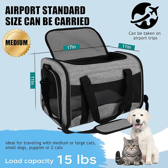 Carriers Soft-Sided Pet Carrier Case for Small Medium Cats Dogs Puppy Under 15 lbs,Airline Approved Cat Carrier with 4 Ventilated Windows (Medium,Grey&Black)-PawvioPets