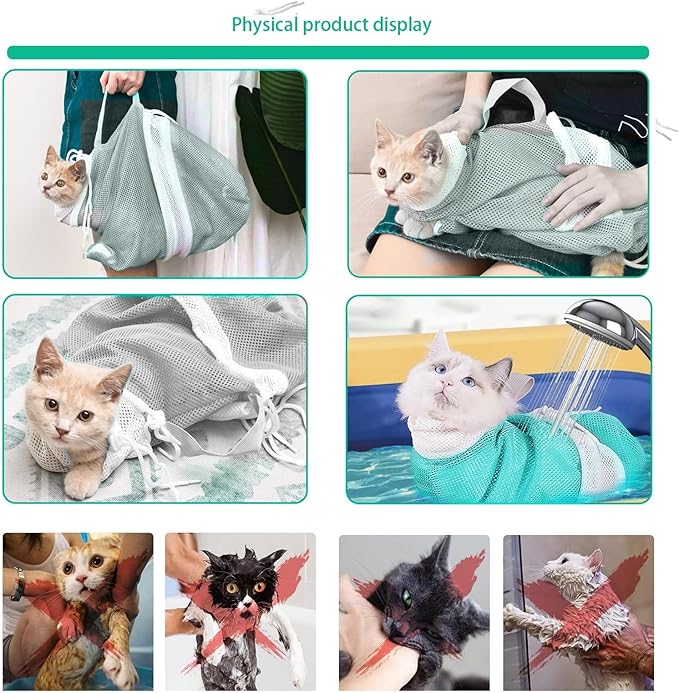 7-Piece Cat Bathing Set - Anti-Scratch Silicone Shoes, Claw Covers, Shower Net, Bathing Bag & Elizabethan Collar (Grey-3)-PawvioPets