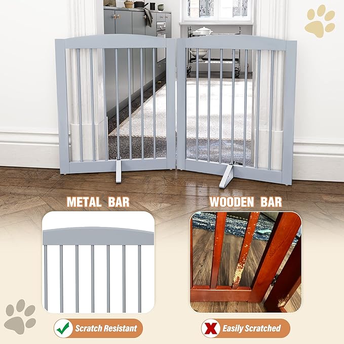 Freestanding Pet Gate for Dogs, Foldable Wooden Dog Gate for House, Indoor Pet Barrier for Stairs, Doorways, Support Feet Included, 24" Height 2 Panels, Grey-PawvioPets