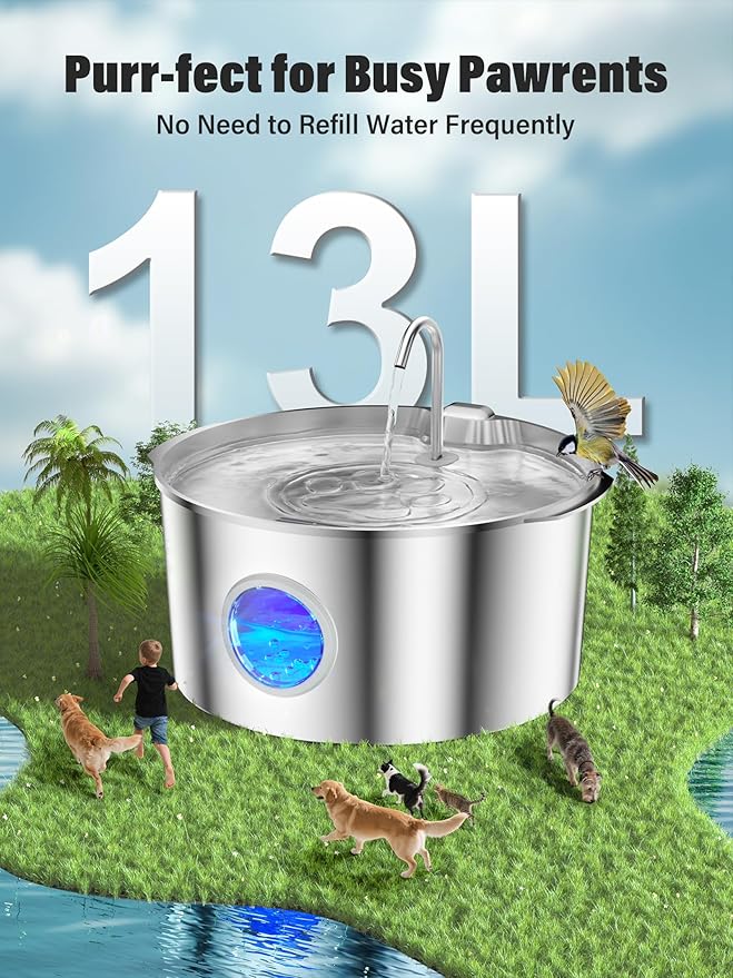 3.4Gal Dog Water Fountain for Large Dogs, Extra Large Stainless Steel Pet Water Fountain, Round Dog Water Bowl Dispenser with Metal Handle, Water Level Window, Supet Quiet Pump for Multi Pet Home-PawvioPets