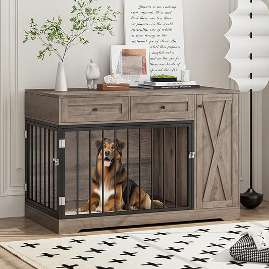 Dog Crate Furniture Kennel with Double Doors Wooden Pet House with 2 Drawers and Storage Cabinet, Indoor Dog Cage Farmhouse Modern Side End Table for Small Medium Dogs, Rustic-PawvioPets