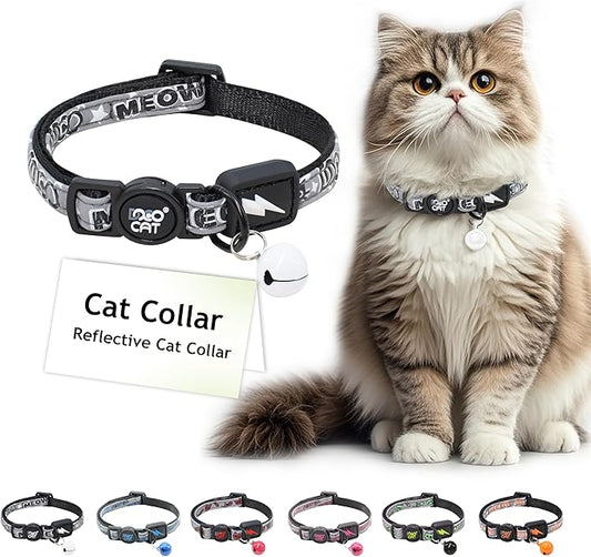 DOCO Cat Collar (Neck Girth - 3/8" x 7.5-12", Weight Upto - 13lb) Reflective Cat Collar with Bell, Breakaway Safety Buckle, Adjustable Nylon Strap for Kittens & Adult Cats (Black)-PawvioPets