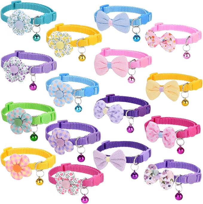 16 PCS Cute Cat Collars Breakaway with Bell for Boy Cats and Girl Cats Gifts (#5-Multicolor Plaid)-PawvioPets