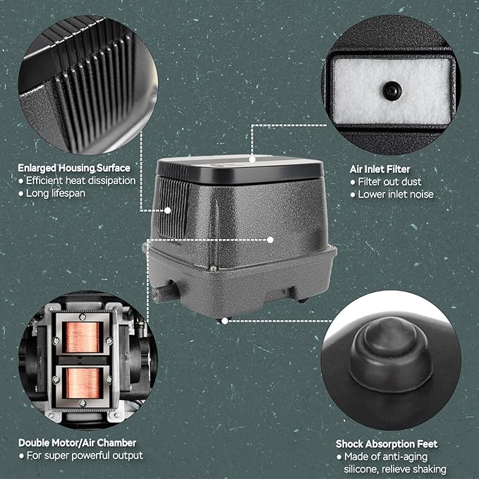 AquaMiracle Linear Air Pump ZP-40/ZP-60/ZP-100/ZP-200 for Pond Aeration, 635/950/1600/4000GPH Septic Air Pump Pond Aerators for Outdoor Ponds, Waste Treatment, Aquarium, Fish Farm, Seafood Restaurant-PawvioPets