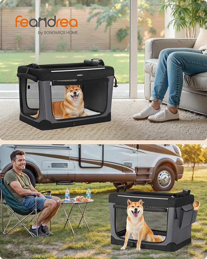 Feandrea Collapsible Dog Crate, 30-Inch Portable Dog Travel Crate for Medium Dogs, Oxford Fabric Pet Carrier with 4 Mesh Doors, Handles, Storage Pocket, Water Bottle Holder, Ink Black UPDC017B01-PawvioPets