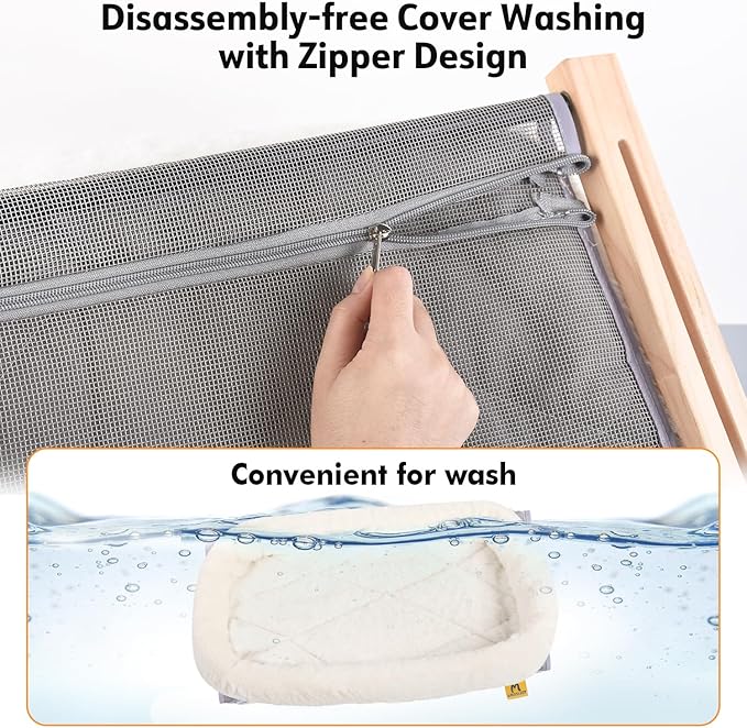 AMOSIJOY Cat Sill Window Perch Sturdy Hammock Seat with Cushion Bed Cover, Wood & Metal Frame for Large Cats, Easy to Adjust Windowsill, Bedside, Drawer and Cabinet (L)-PawvioPets