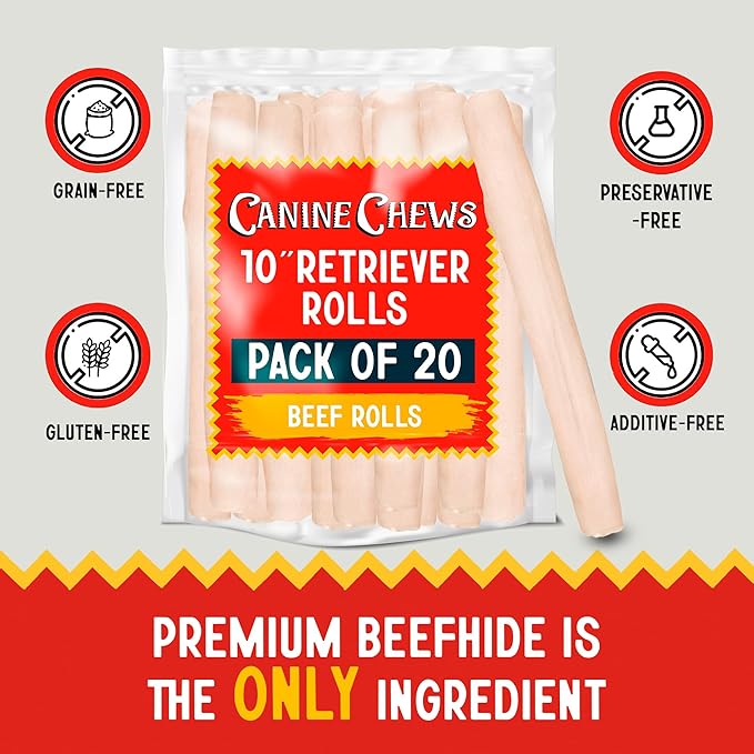 Canine Chews 10" Dog Rawhide Retriever Rolls - Bones for Large Dogs (20 Pack) - 100% USA-Sourced Natural Beef - Single Ingredient - Healthy Dental Chew-PawvioPets