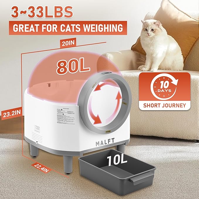 Automatic Cat Litter Box 90L –Self-Cleaning Cat Litter Box, Smart APP Monitoring, Safety Sensors, Low-Noise Cleaning, Large Capacity for Multiple Cats (Includes Mat & Waste Bags)-PawvioPets