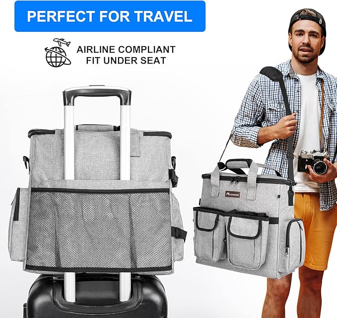 Airline Approved Dog Travel Bag with 2 Dog Treat Training Pouches, Tote Organizer for Weekend Pet Travel Supplies & Accessories, 2 Collapsible Bowls, 2 Food Container (Grey)-PawvioPets