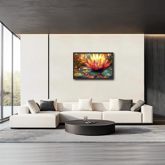 Framed Large Lotus Wall Art for Living Room, Oversized Lotus Flower Wall Decor Zen Golden Floral Canvas Painting Modern Artwork Home Decoration for Living Room Bedroom Office 36"x24"-PawvioPets