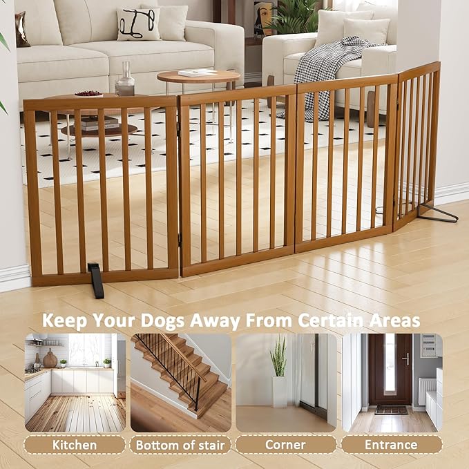 Freestanding Pet Gate Foldable 4 Panel Dog Gate Walnut Dog Gates for Stair Doorways House Indoor (2 Support Feet Included)-PawvioPets