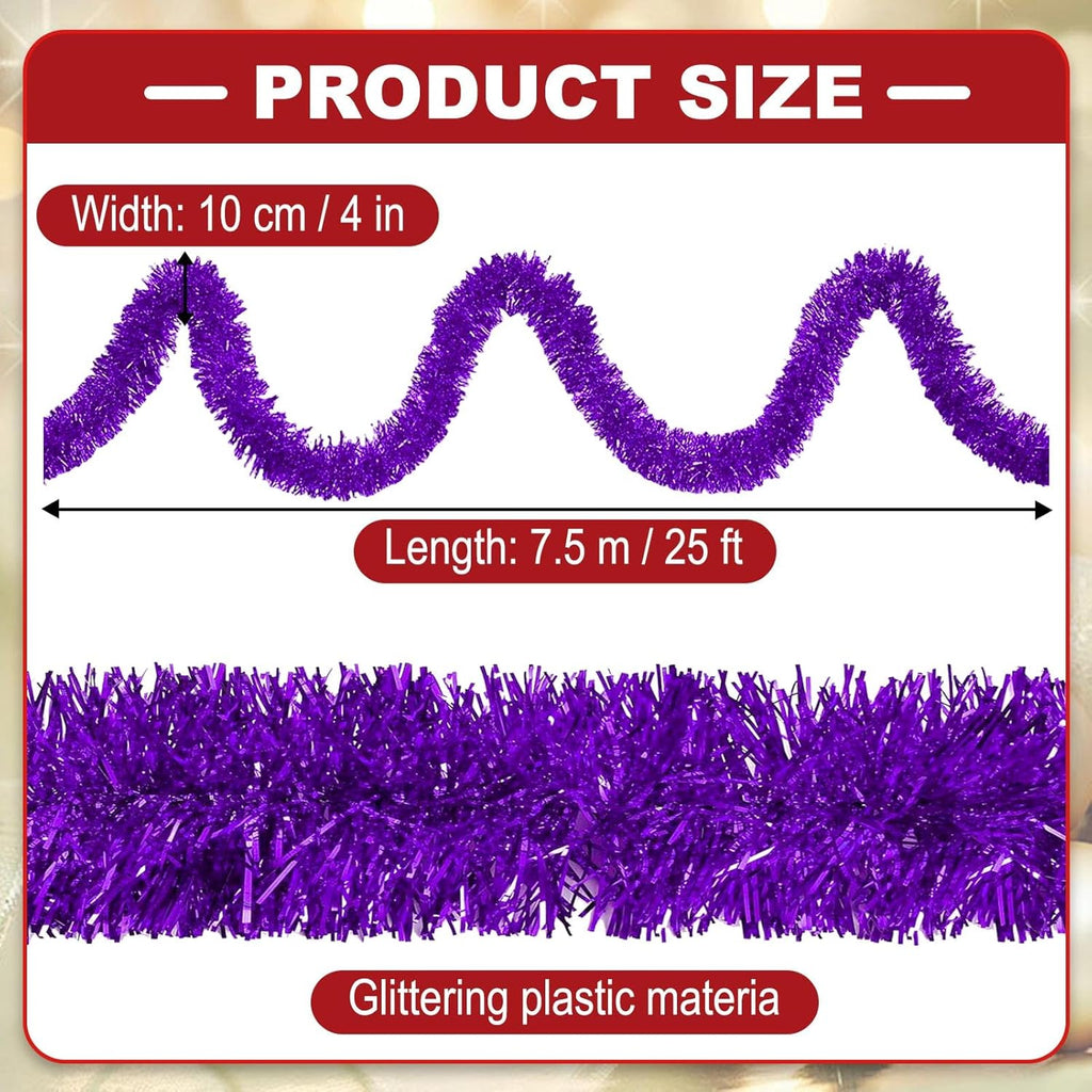 25 Feet Metallic Twist Tinsel Garland Wall Hanging Backdrop for Parade Floats, Christmas Eve, New Year, Valentine's Day Party Decorations (Purple, 4in x 25ft)