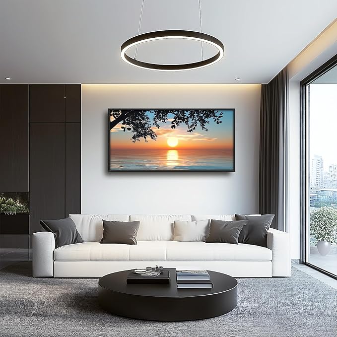 Framed Large Lake Sunset Wall Art, Oversized Natural Landscape Wall Decor for Living Room, Tree Leaves Canvas Painting Pictures Home Decoration for Living Room Bedroom Office 60"x30"-PawvioPets