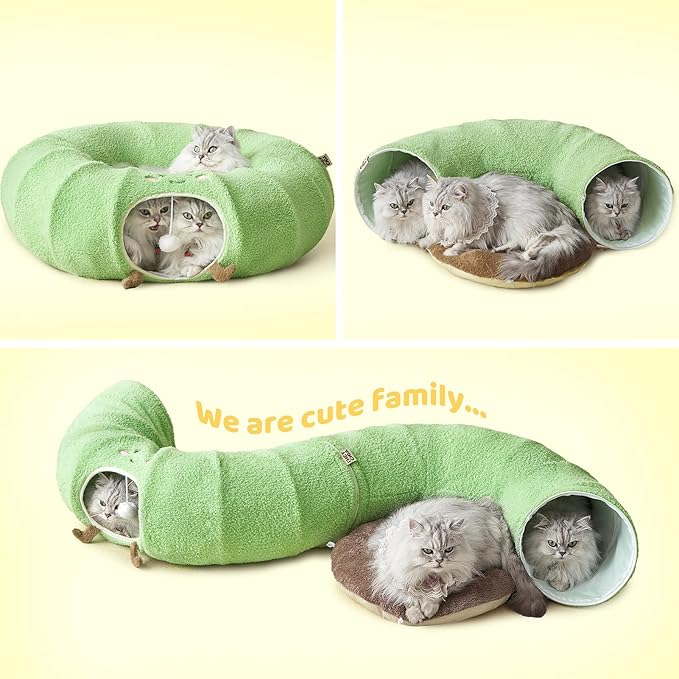 EHEYCIGA Cat Tunnel Bed for Indoor Cats, Cute Cat Donut Toy Tunnel for Small Large Cats with Washable Circle Cushion, Peekaboo Pet Cave Play Tunnel for Kitten, Puppy, Rabbit-PawvioPets