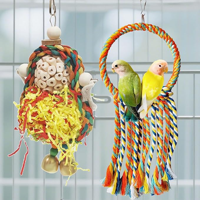 Bird Hoop Swing and Parakeet Toys,Natural Sola Balls and Shredding Hanging Toy,Birds Rope Swing,Suitable Small and Medium-Sized Parrots Toys,Birds Toy for Cockatiels,Conures,Lovebird-PawvioPets