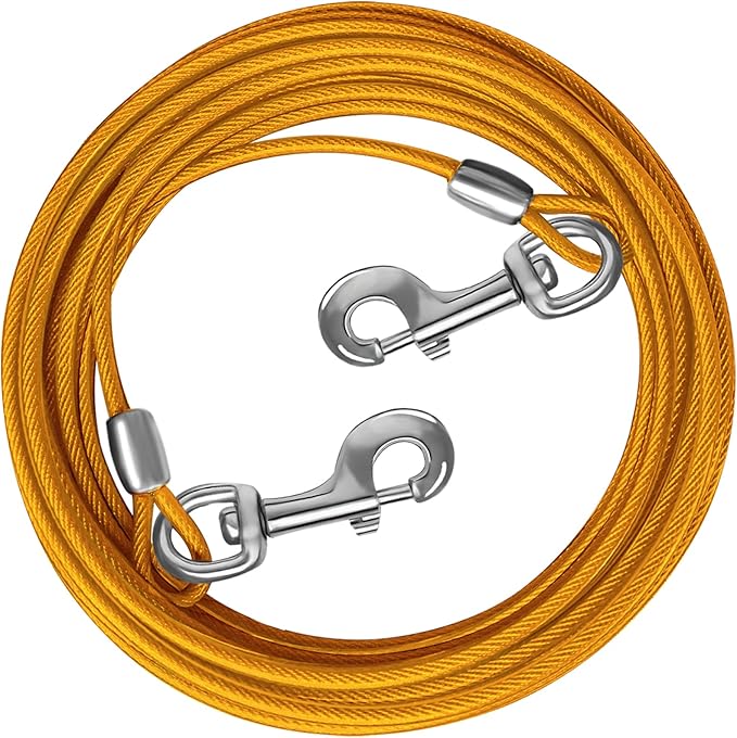 Dog Tie Out Cable 10/15/20/25/30 FT Runner for Yard Steel Wire Cable with Durable Superior Clips Yellow Chains for Outside Dog Lead for Large Up to 165 Lbs-PawvioPets