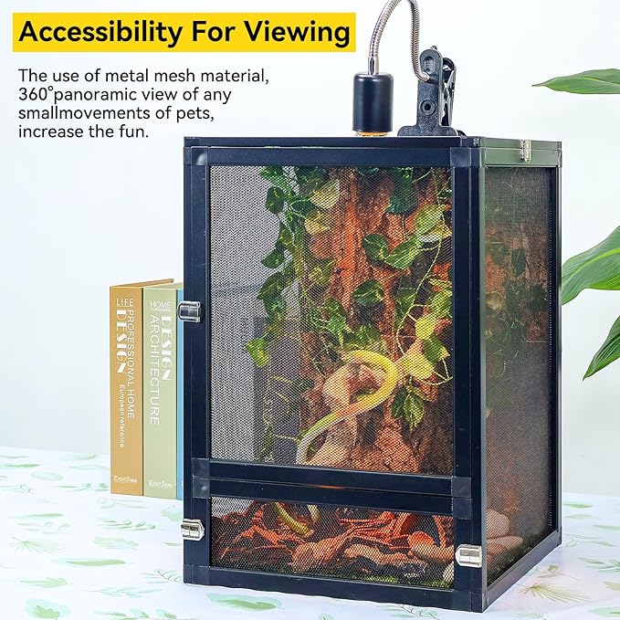 13 Gallon 360° Panoramic Foldable Reptile Terrarium Kit: Crested Gecko Tank and Reptile Cage for Superior Ventilation, Easy Feeding, Sturdiness, and Simple Assembly (Black, 18"x13"x13")-PawvioPets