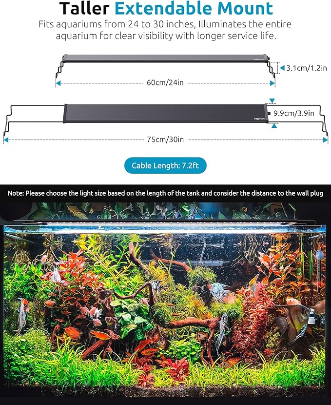 Aquarium Light for Fish Tank, 24/7 Custom Timer, Power-Off Memory, 7-Row LED 24-30in Full Spectrum Fish Tank Lights, 8 Colors, 20 Brightness, Day&Night Cycle, Adjustable Mount for Freshwater-PawvioPets