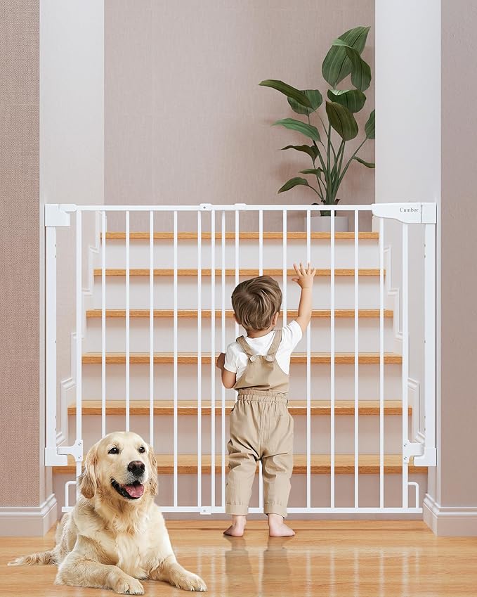 Cumbor 34" Extra Tall No Bottom Bar Baby Gate for Stairs, Auto Close Dog Gate Indoor for Larger Pets, 29.2-43" Hardware Mounted Safety Gate for Doorways, Wide Walk Thru Door for Easy Access (White)-PawvioPets